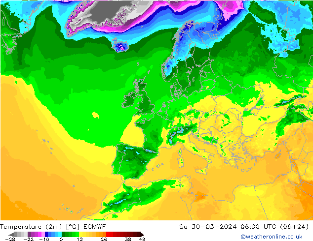 Temperaturkarte (2m) ECMWF Sa 30.03.2024 06 UTC