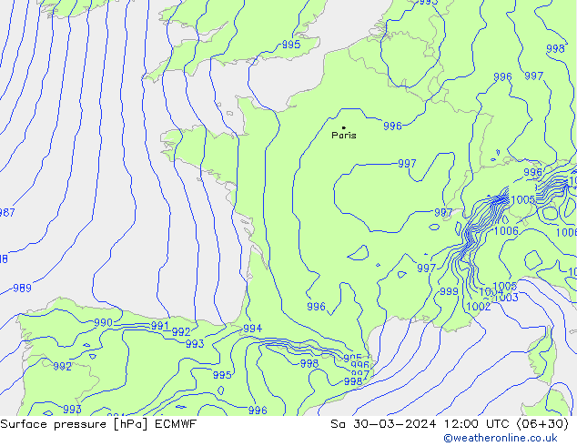 Surface pressure ECMWF Sa 30.03.2024 12 UTC