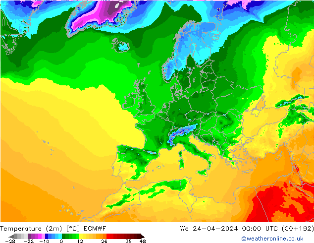 Temperaturkarte (2m) ECMWF Mi 24.04.2024 00 UTC