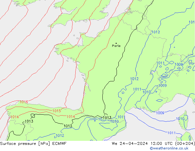 Presión superficial ECMWF mié 24.04.2024 12 UTC