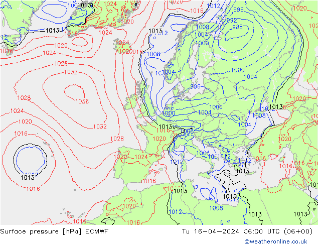 ciśnienie ECMWF wto. 16.04.2024 06 UTC