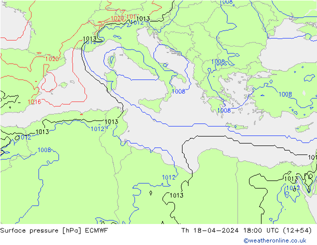 Pressione al suolo ECMWF gio 18.04.2024 18 UTC
