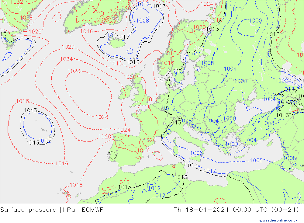 Pressione al suolo ECMWF gio 18.04.2024 00 UTC
