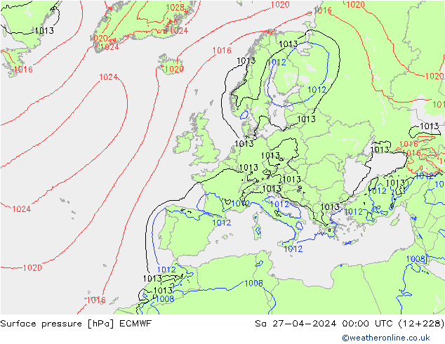 Pressione al suolo ECMWF sab 27.04.2024 00 UTC