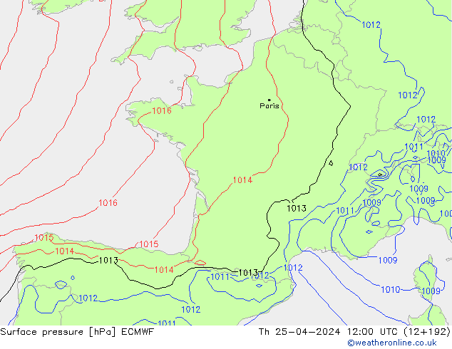 Presión superficial ECMWF jue 25.04.2024 12 UTC