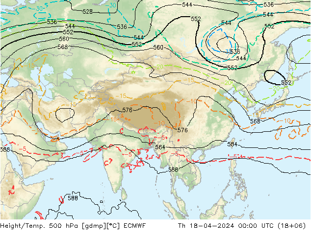 Height/Temp. 500 hPa ECMWF gio 18.04.2024 00 UTC