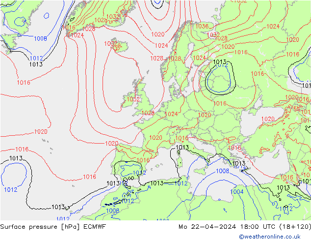 Atmosférický tlak ECMWF Po 22.04.2024 18 UTC