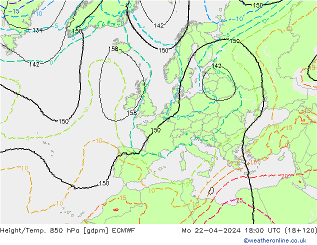 Height/Temp. 850 hPa ECMWF Mo 22.04.2024 18 UTC