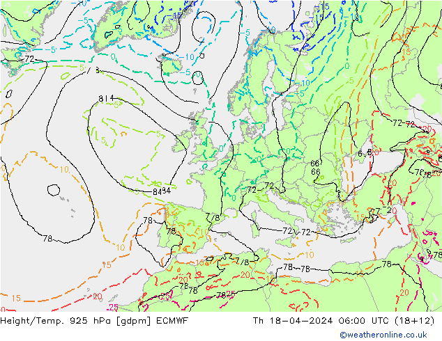 Height/Temp. 925 hPa ECMWF Do 18.04.2024 06 UTC