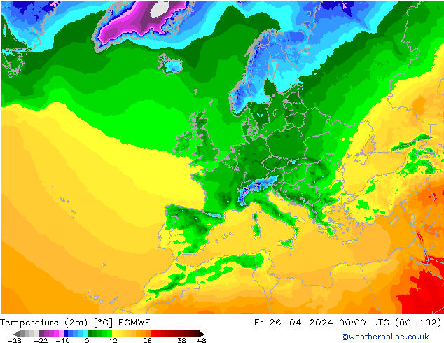 Temperature (2m) ECMWF Fr 26.04.2024 00 UTC
