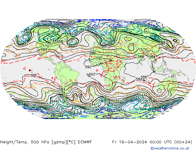 Height/Temp. 500 hPa ECMWF Fr 19.04.2024 00 UTC