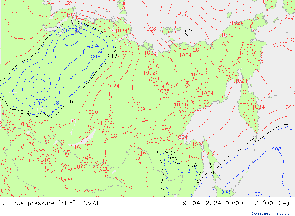 Luchtdruk (Grond) ECMWF vr 19.04.2024 00 UTC