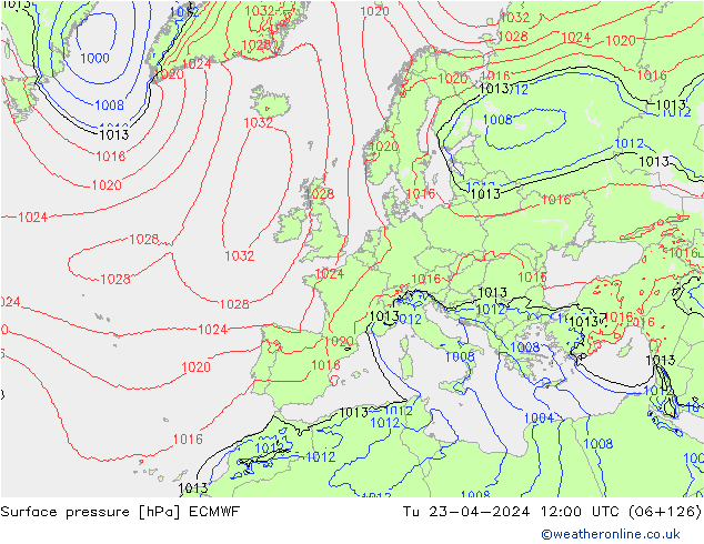 Surface pressure ECMWF Tu 23.04.2024 12 UTC