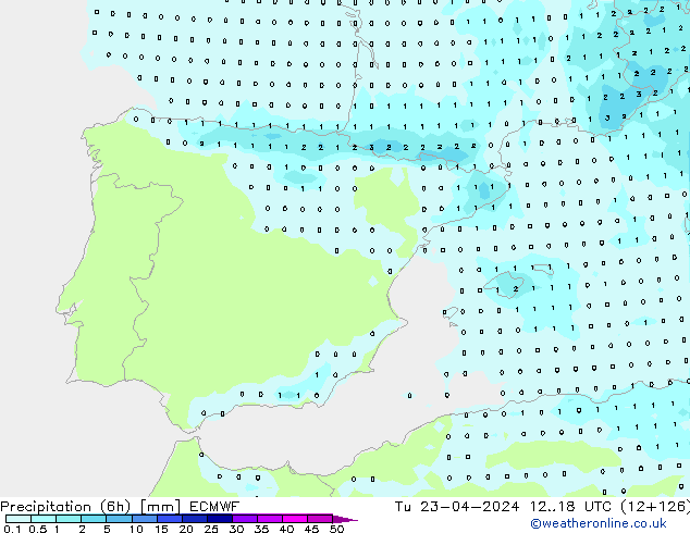 Precipitation (6h) ECMWF Tu 23.04.2024 18 UTC