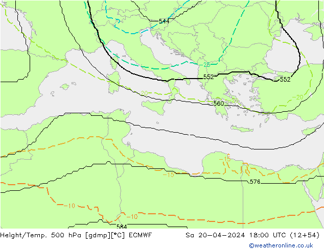Hoogte/Temp. 500 hPa ECMWF za 20.04.2024 18 UTC