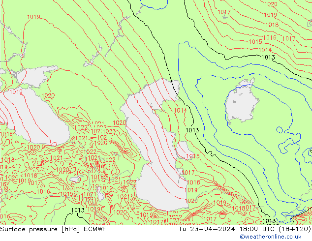Surface pressure ECMWF Tu 23.04.2024 18 UTC