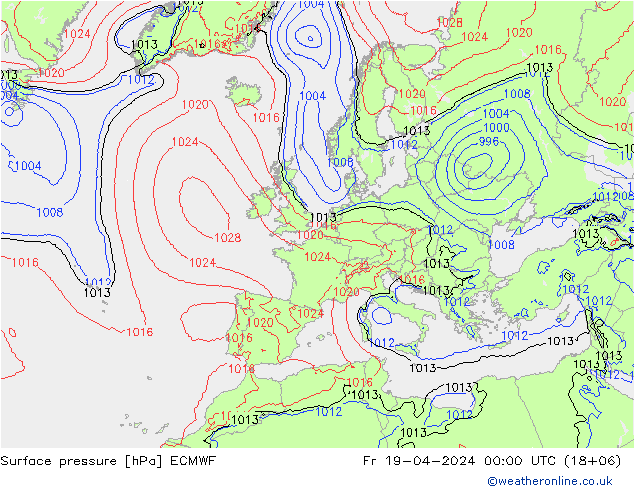 Luchtdruk (Grond) ECMWF vr 19.04.2024 00 UTC