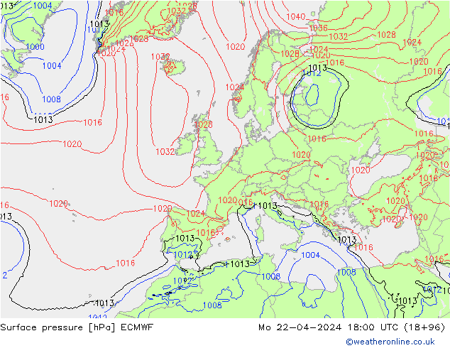 Bodendruck ECMWF Mo 22.04.2024 18 UTC