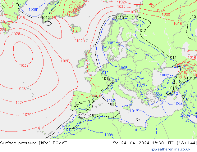 Presión superficial ECMWF mié 24.04.2024 18 UTC