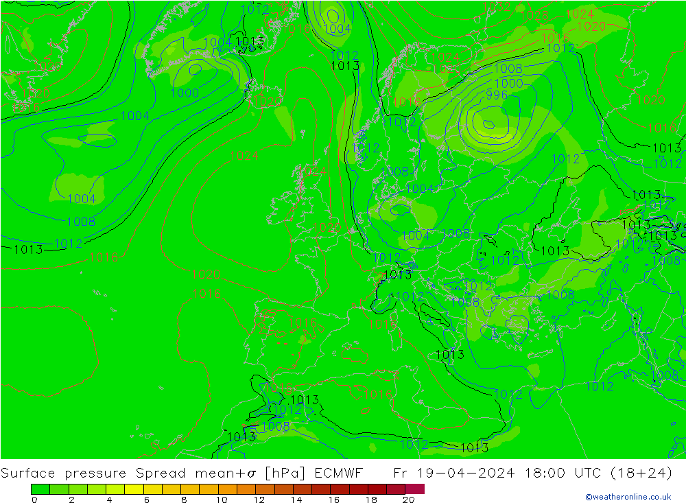 Surface pressure Spread ECMWF Fr 19.04.2024 18 UTC