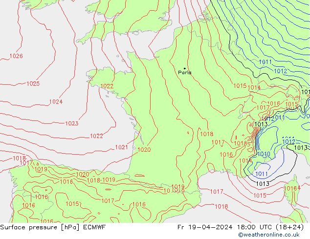 Bodendruck ECMWF Fr 19.04.2024 18 UTC
