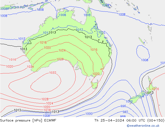 pressão do solo ECMWF Qui 25.04.2024 06 UTC