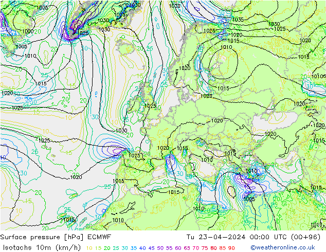Isotachs (kph) ECMWF Tu 23.04.2024 00 UTC