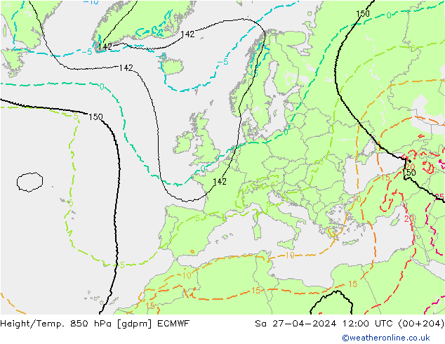 Height/Temp. 850 hPa ECMWF Sa 27.04.2024 12 UTC