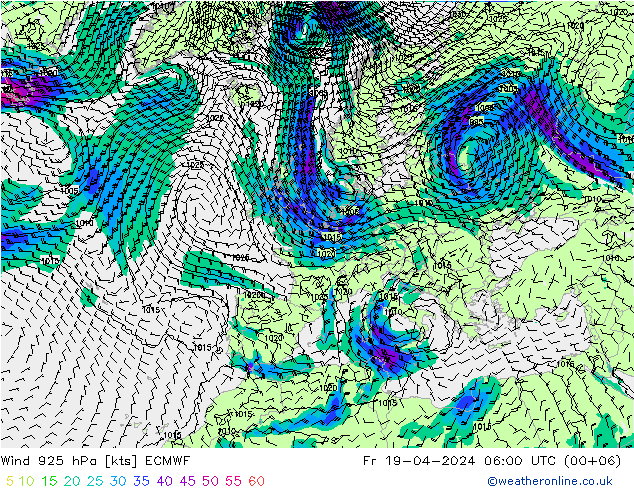 Wind 925 hPa ECMWF Fr 19.04.2024 06 UTC
