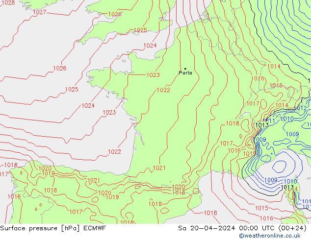 Presión superficial ECMWF sáb 20.04.2024 00 UTC