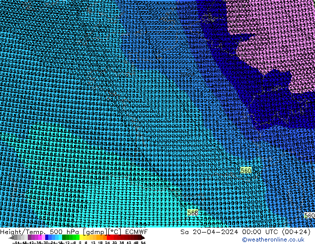 Height/Temp. 500 hPa ECMWF Sa 20.04.2024 00 UTC
