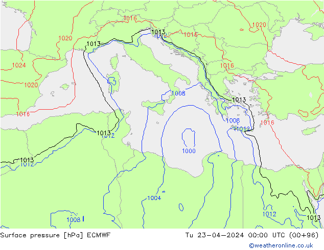 Surface pressure ECMWF Tu 23.04.2024 00 UTC