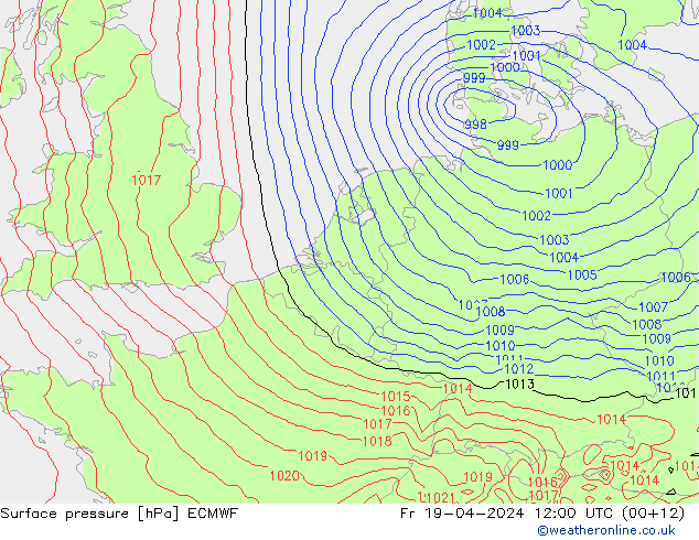 Bodendruck ECMWF Fr 19.04.2024 12 UTC