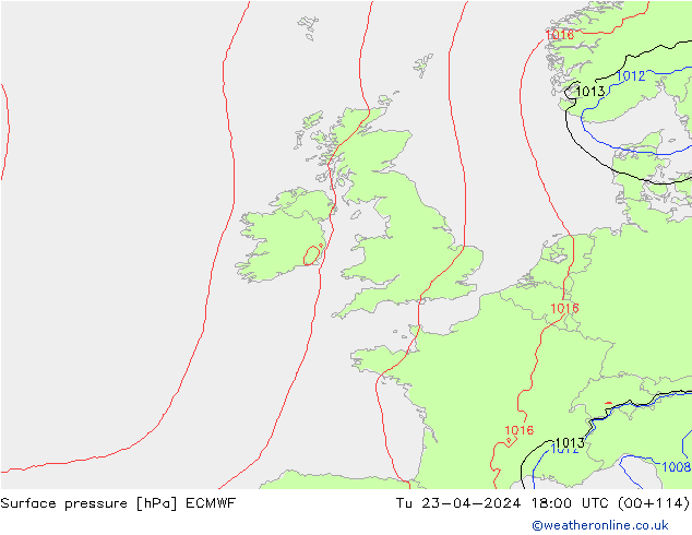 Surface pressure ECMWF Tu 23.04.2024 18 UTC
