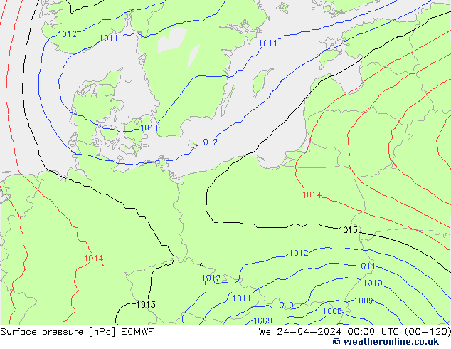 Presión superficial ECMWF mié 24.04.2024 00 UTC
