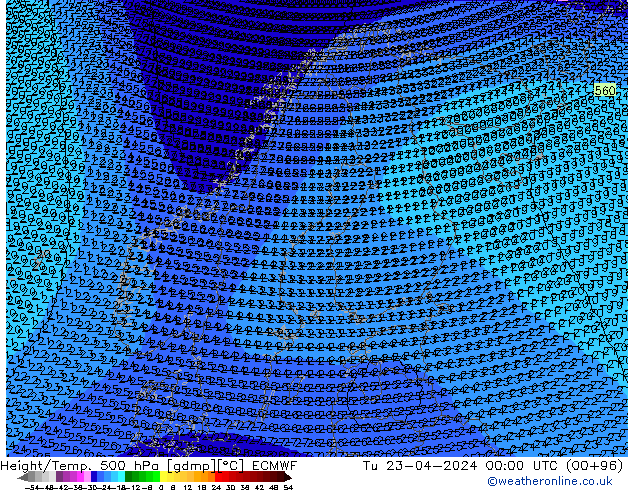Hoogte/Temp. 500 hPa ECMWF di 23.04.2024 00 UTC
