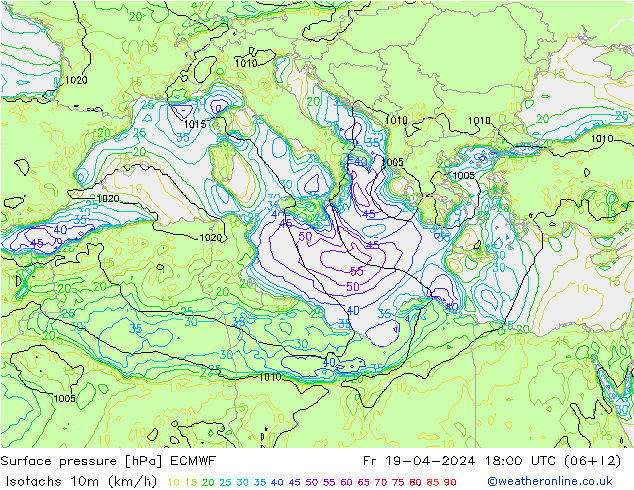Isotachs (kph) ECMWF Fr 19.04.2024 18 UTC