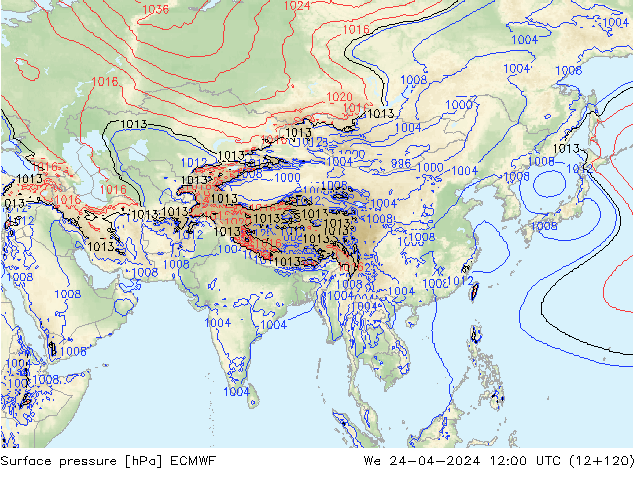 Luchtdruk (Grond) ECMWF wo 24.04.2024 12 UTC