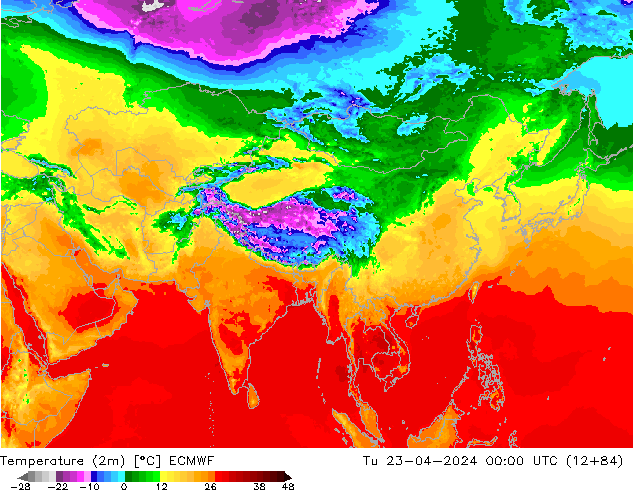 Temperature (2m) ECMWF Tu 23.04.2024 00 UTC