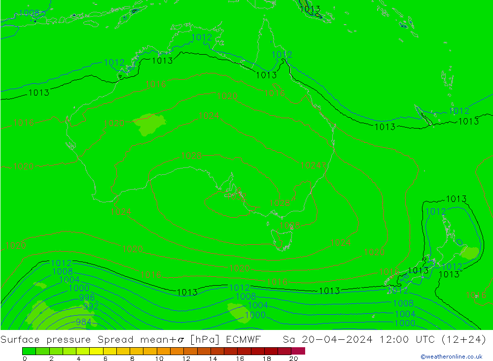 Surface pressure Spread ECMWF Sa 20.04.2024 12 UTC