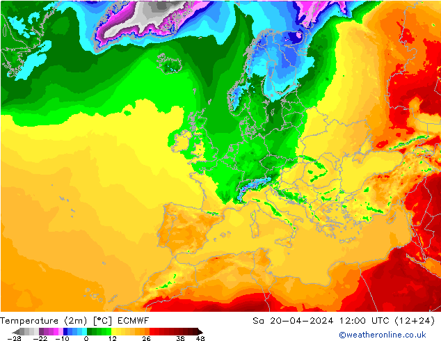 Temperature (2m) ECMWF Sa 20.04.2024 12 UTC