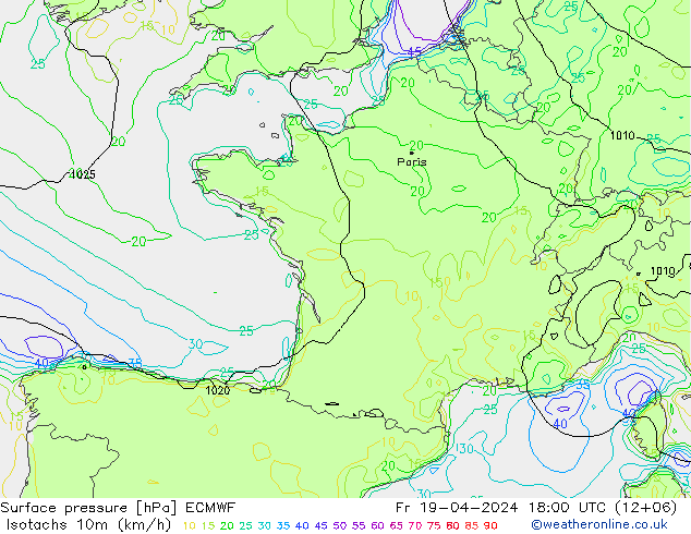 Isotachs (kph) ECMWF Fr 19.04.2024 18 UTC