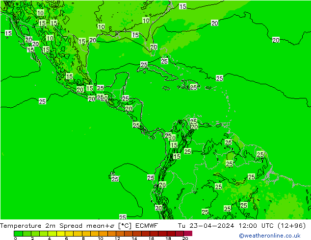 Temperature 2m Spread ECMWF Tu 23.04.2024 12 UTC
