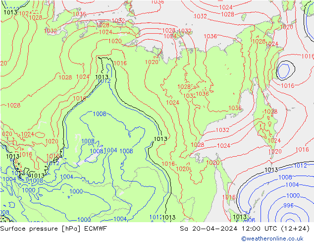 Presión superficial ECMWF sáb 20.04.2024 12 UTC