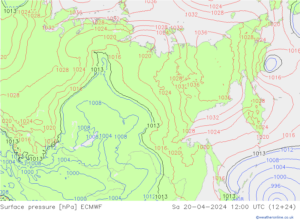 Bodendruck ECMWF Sa 20.04.2024 12 UTC