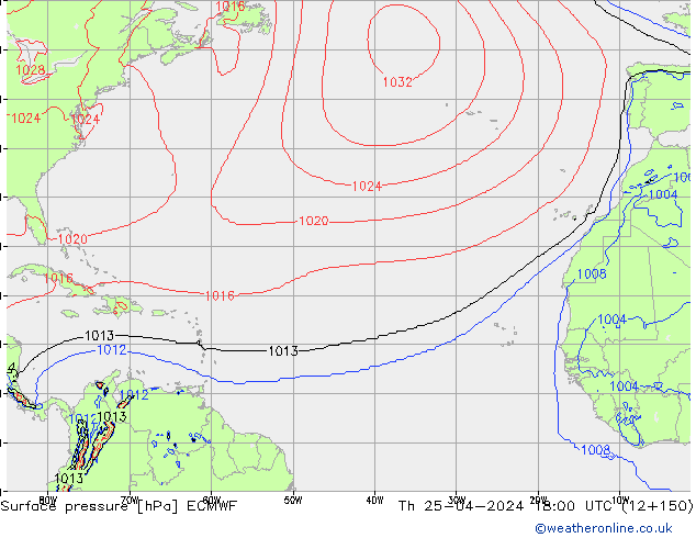 Presión superficial ECMWF jue 25.04.2024 18 UTC