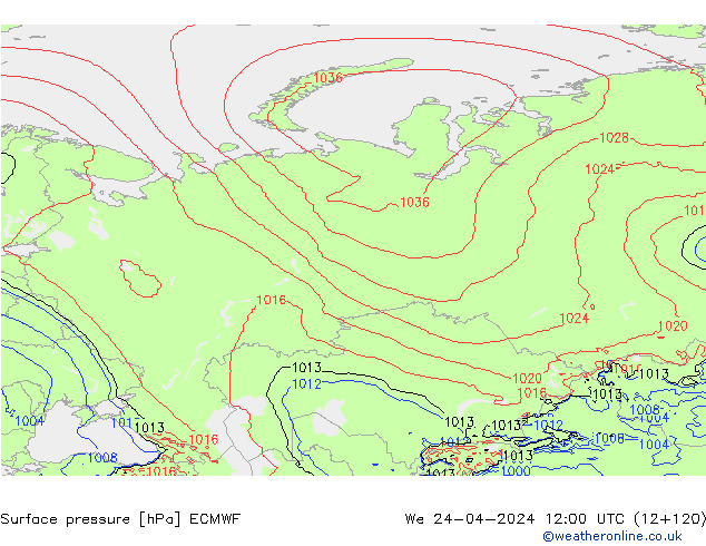 Presión superficial ECMWF mié 24.04.2024 12 UTC