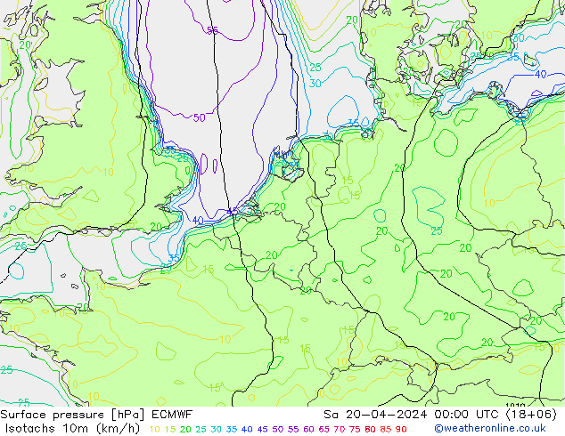 Isotachen (km/h) ECMWF Sa 20.04.2024 00 UTC