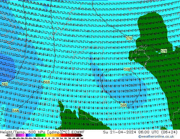 Hoogte/Temp. 500 hPa ECMWF zo 21.04.2024 06 UTC