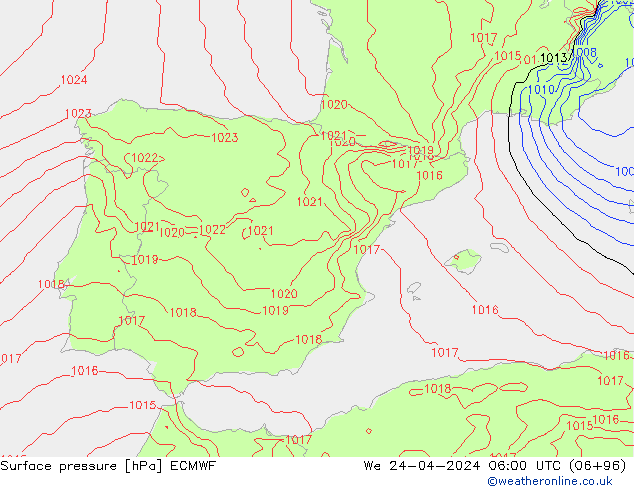 Pressione al suolo ECMWF mer 24.04.2024 06 UTC